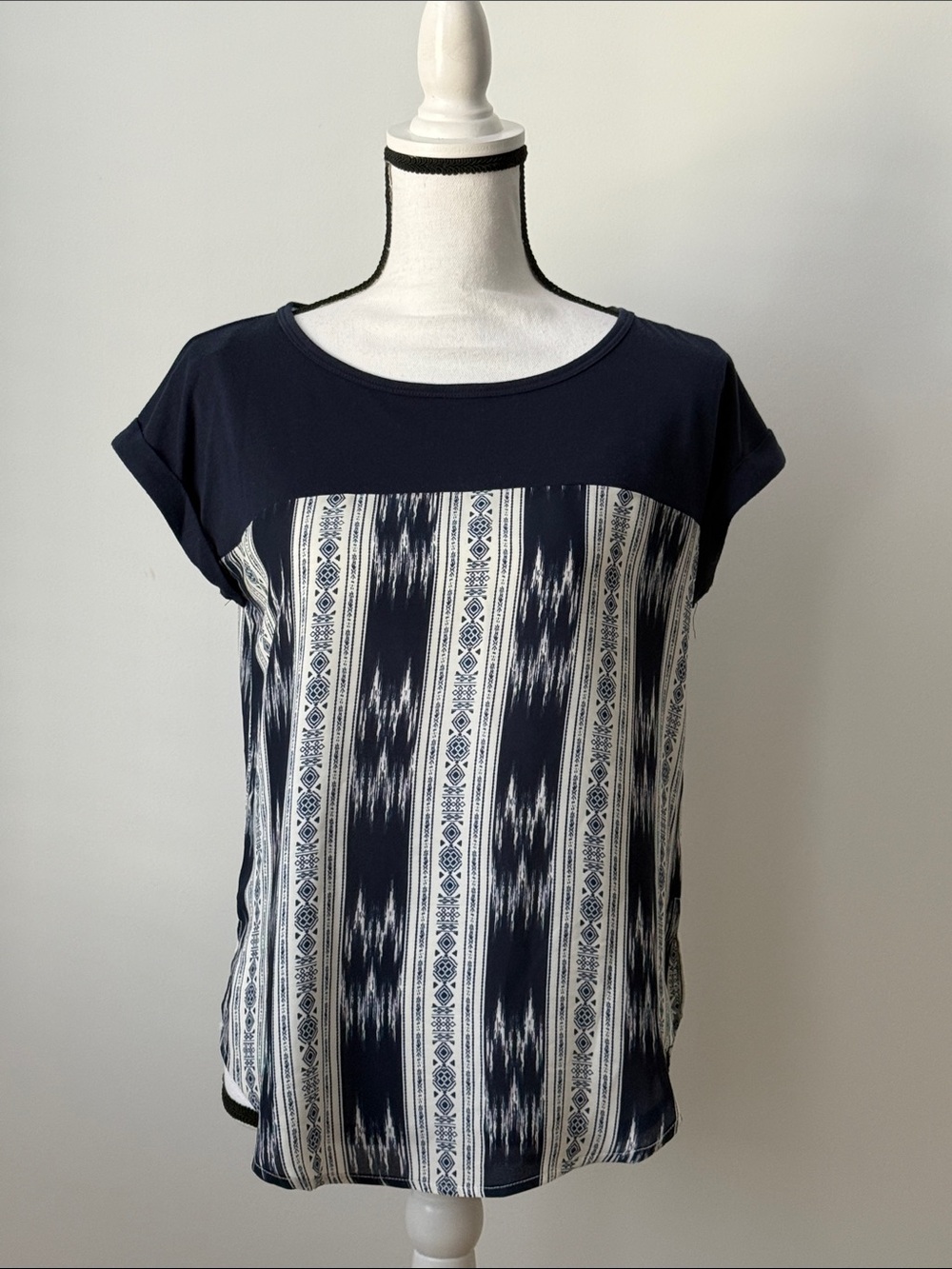 Rewind Navy Patterned Short Sleeve Women's Top